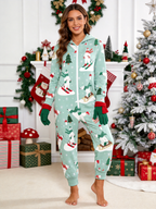 Skiing Polar Bear Mint Green Christmas Women Hooded Onesie - Zip-Up Loungewear