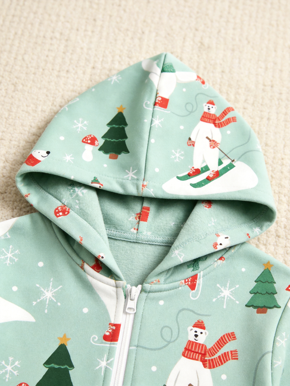 Skiing Polar Bear Mint Green Christmas Women Hooded Onesie - Zip-Up Loungewear