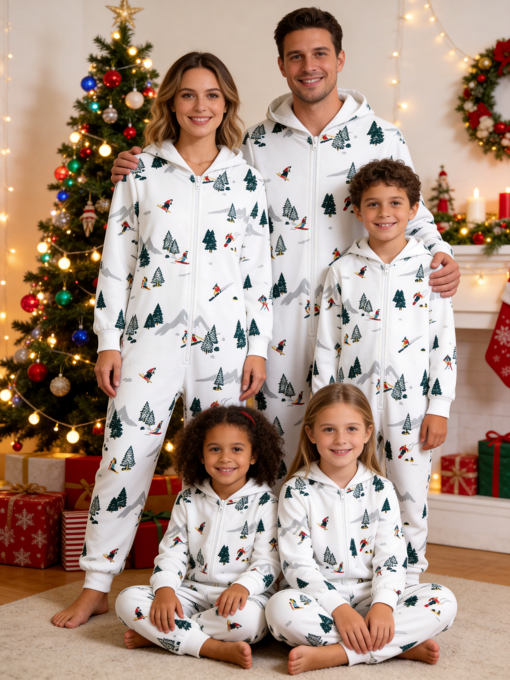 Alpine Skier & Pine Tree White Christmas Family Hooded Onesie - Zip-Up Loungewear