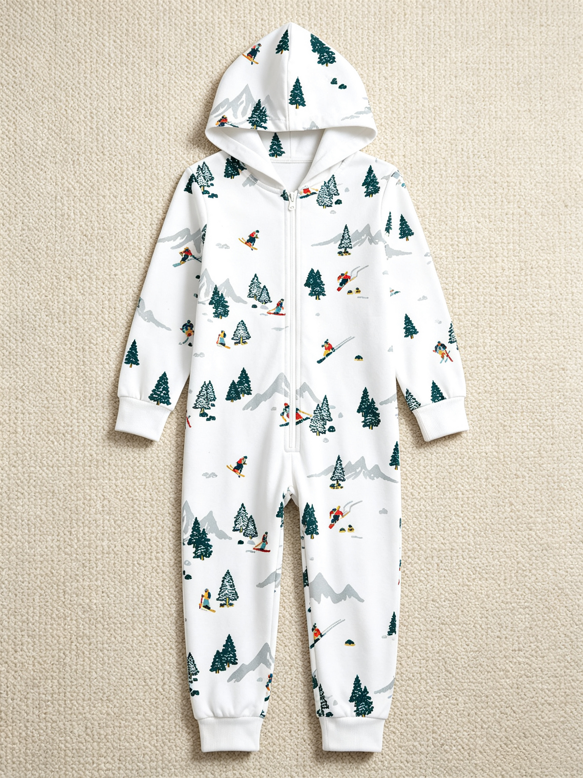 Alpine Skier & Pine Tree White Christmas Family Hooded Onesie - Zip-Up Loungewear