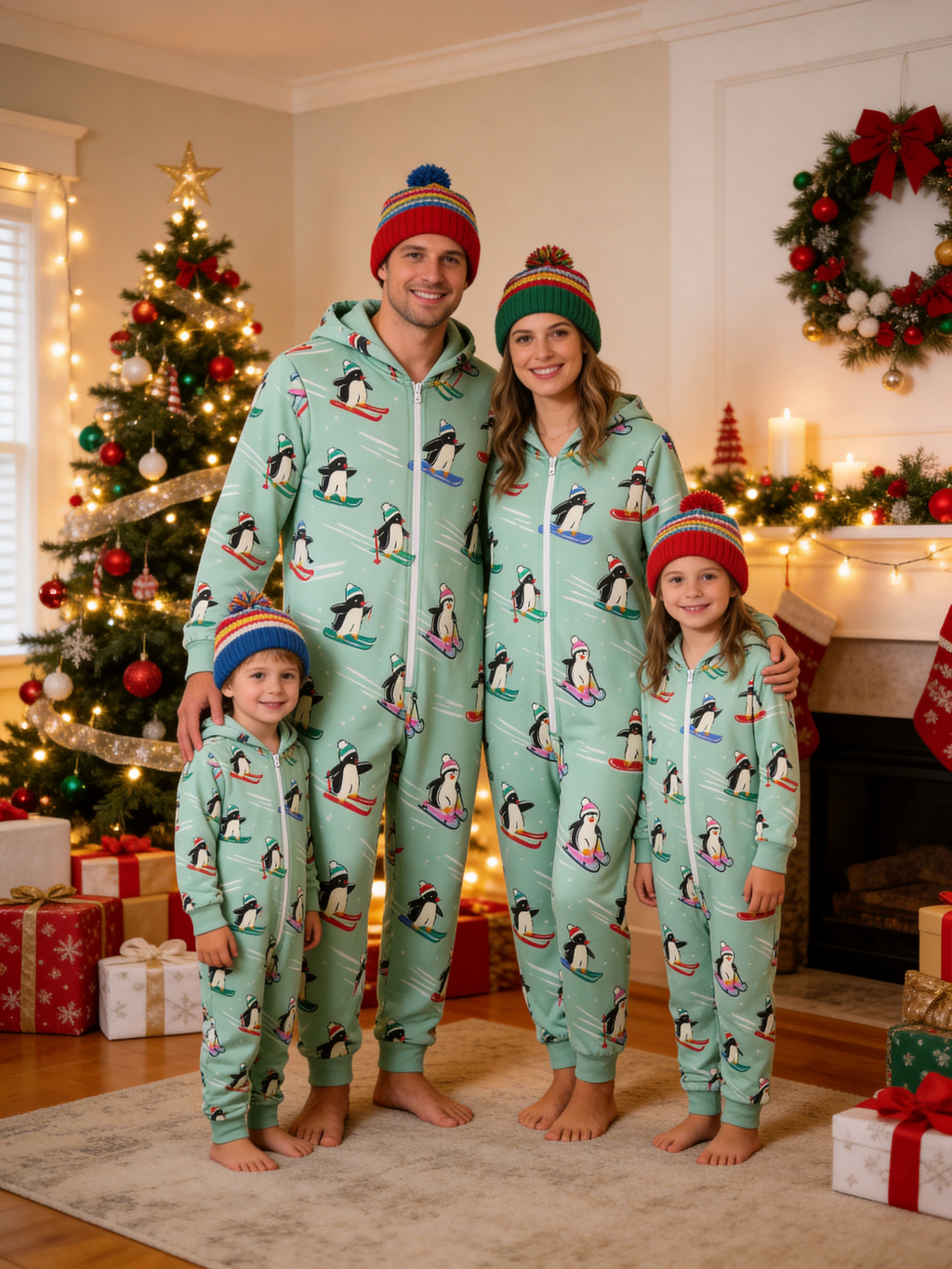 Skiing Penguin Mint Green Christmas Family Hooded Onesie - Zip-Up Loungewear