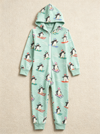 Skiing Penguin Mint Green Christmas Women Hooded Onesie - Zip-Up Loungewear