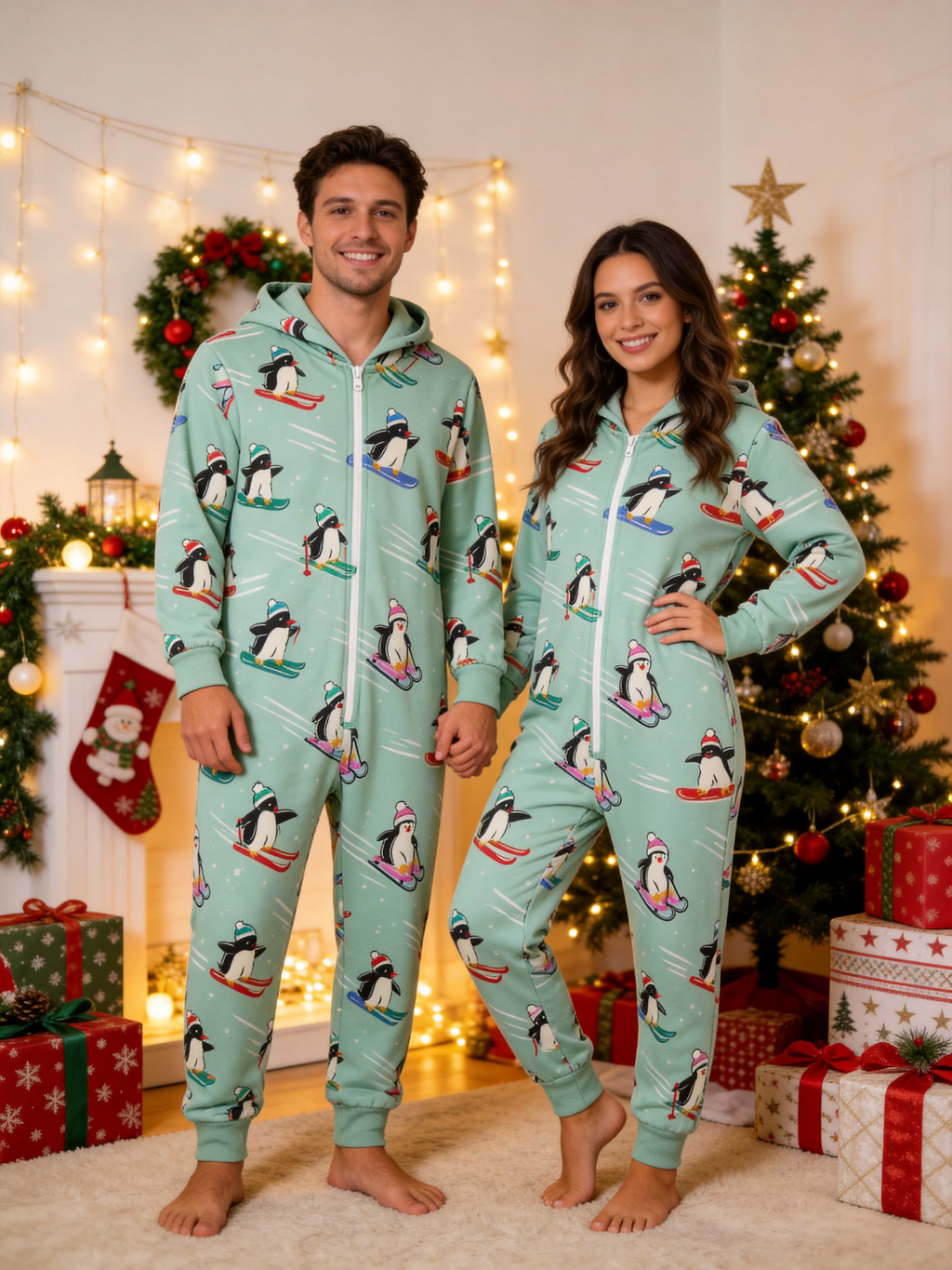 Skiing Penguin Mint Green Christmas Women Hooded Onesie - Zip-Up Loungewear