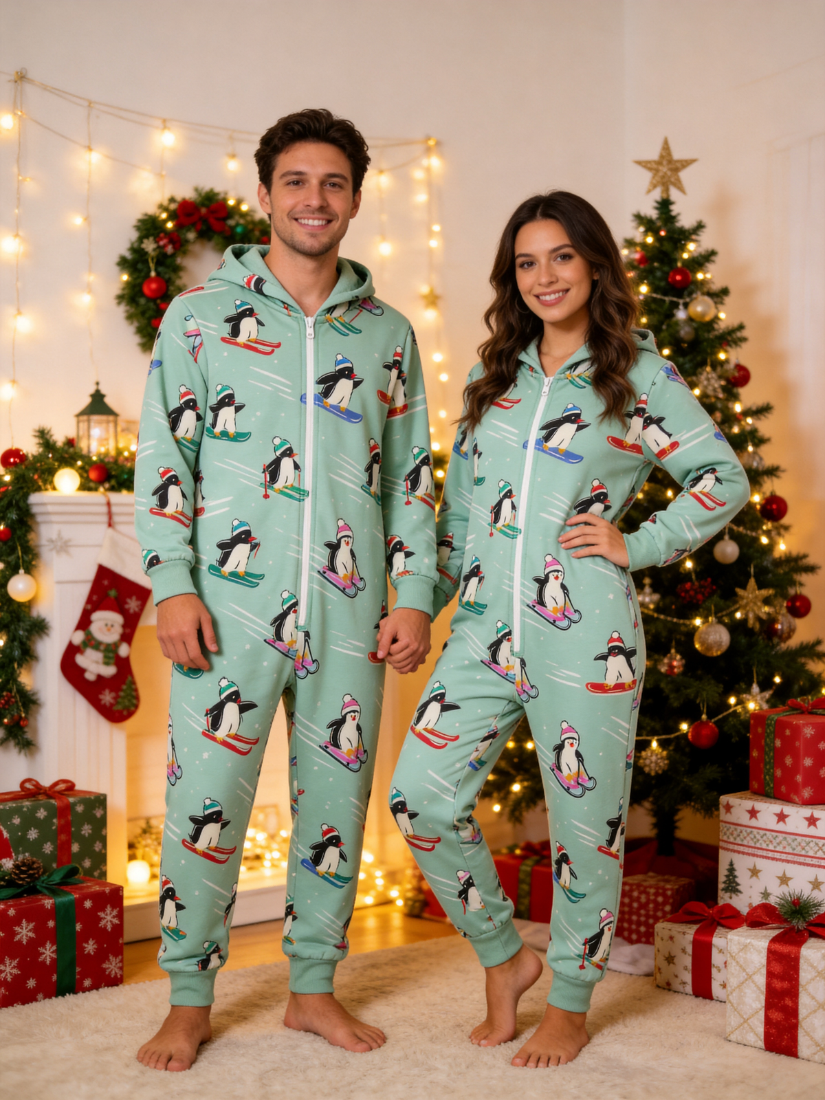 Skiing Penguin Mint Green Christmas Women Hooded Onesie - Zip-Up Loungewear