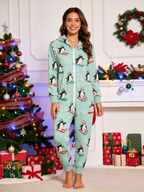 Skiing Penguin Mint Green Christmas Women Hooded Onesie - Zip-Up Loungewear