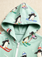 Skiing Penguin Mint Green Christmas Women Hooded Onesie - Zip-Up Loungewear