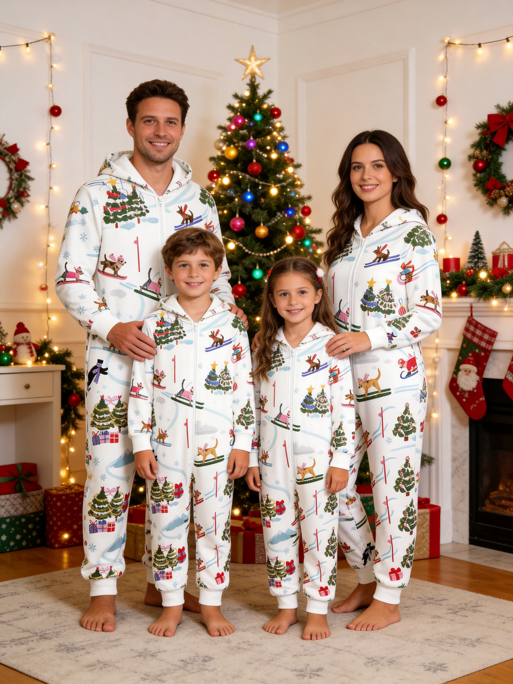 Skiing Dog & Christmas Tree White Family Hooded Onesie - Zip-Up Loungewear