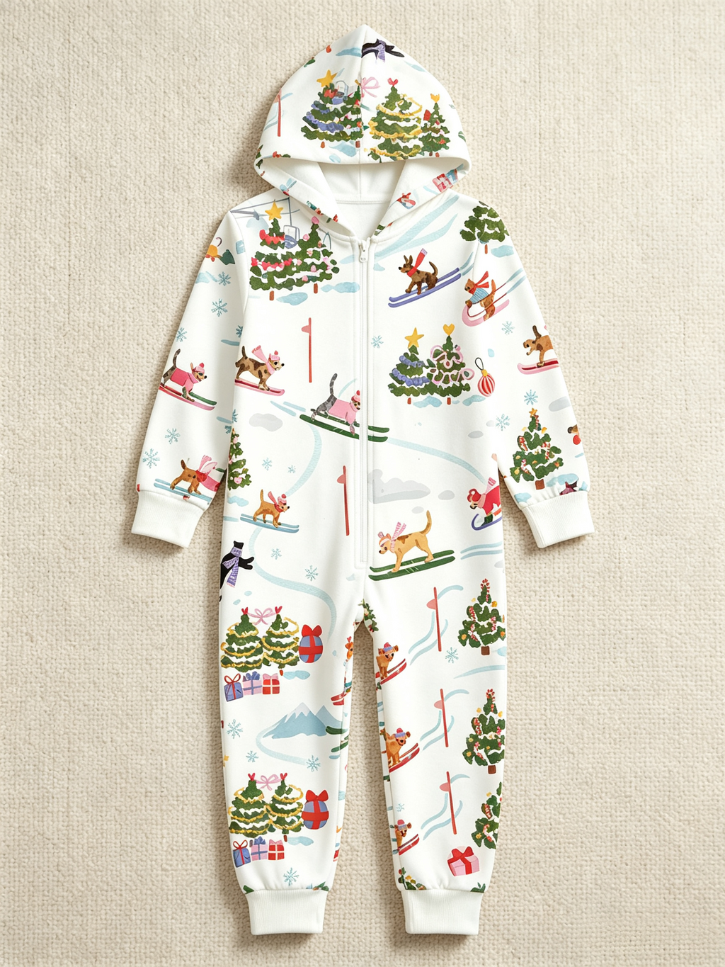 Skiing Dog & Christmas Tree White Women Hooded Onesie - Zip-Up Loungewear