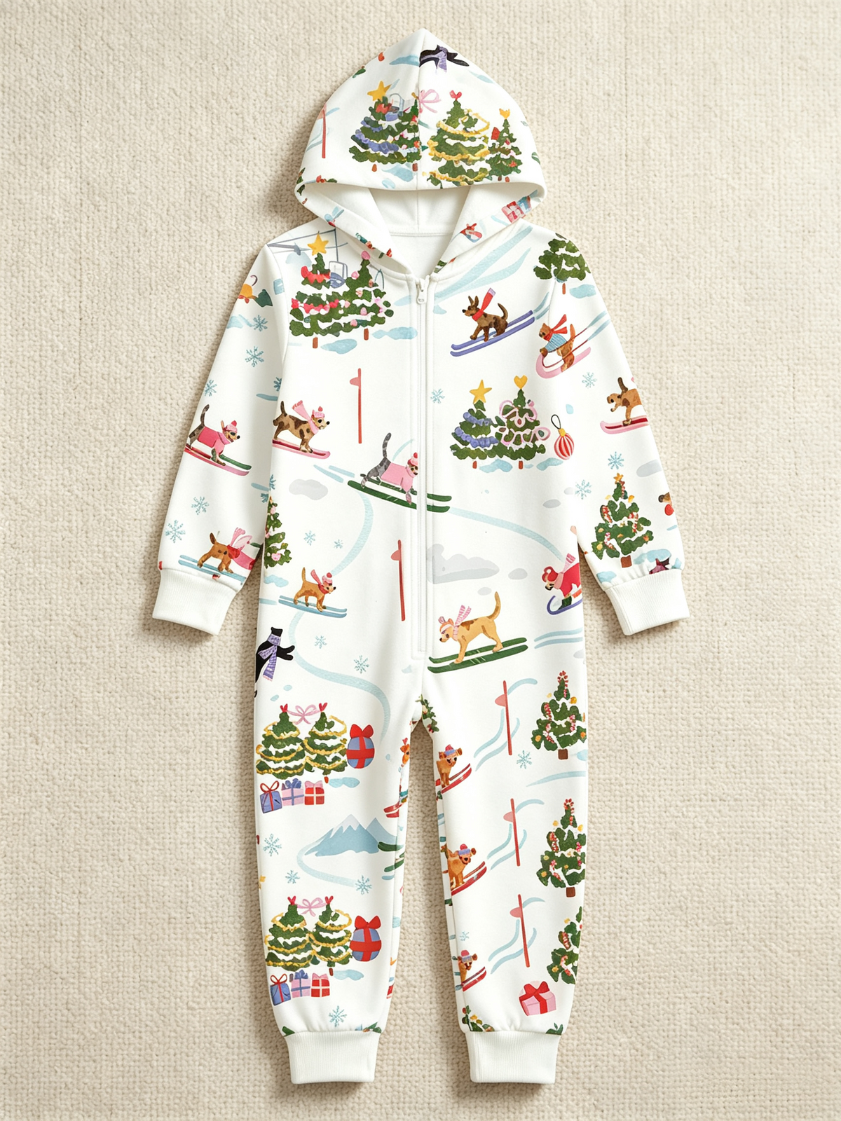 Skiing Dog & Christmas Tree White Women Hooded Onesie - Zip-Up Loungewear