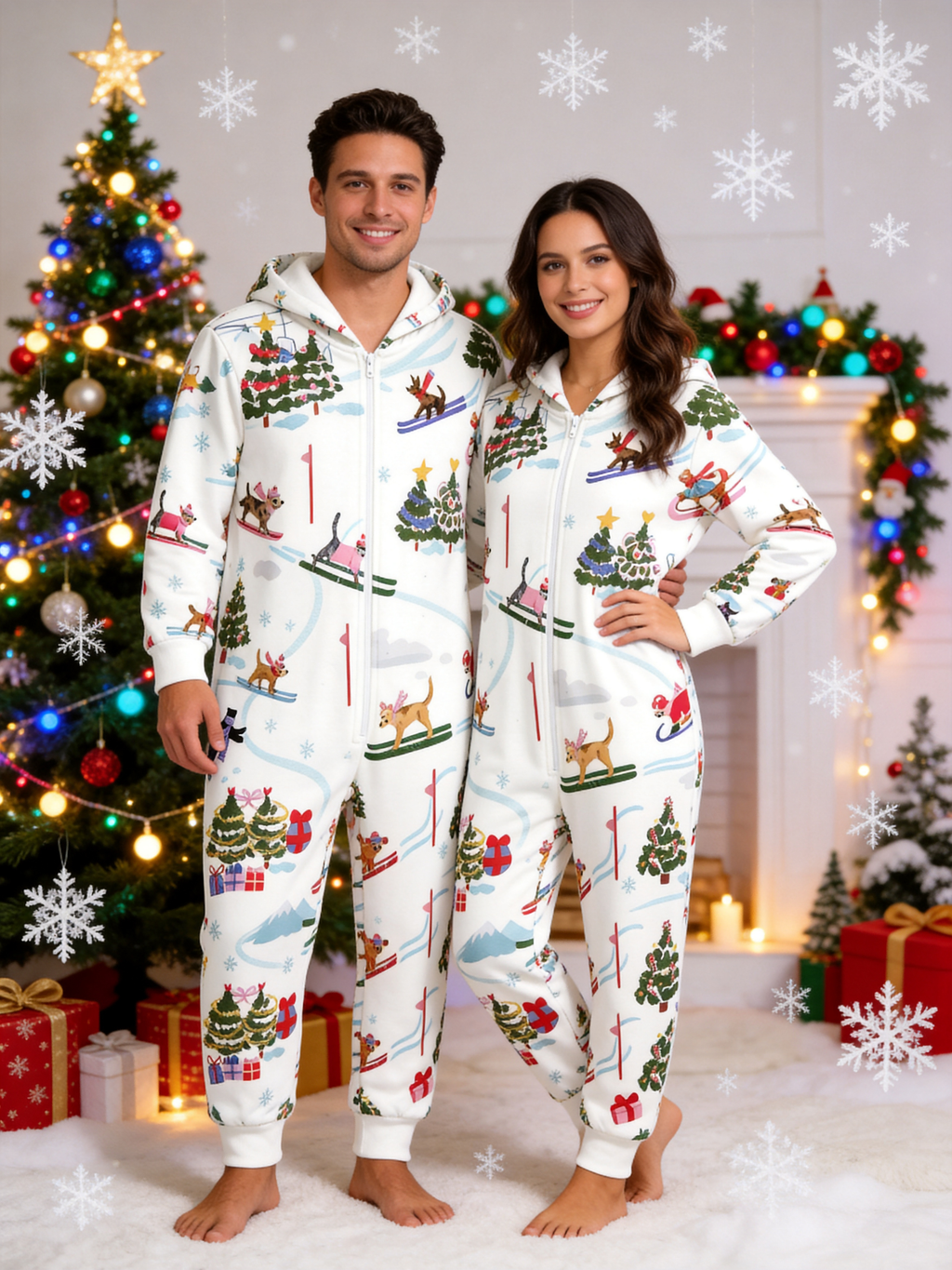 Skiing Dog & Christmas Tree White Family Hooded Onesie - Zip-Up Loungewear