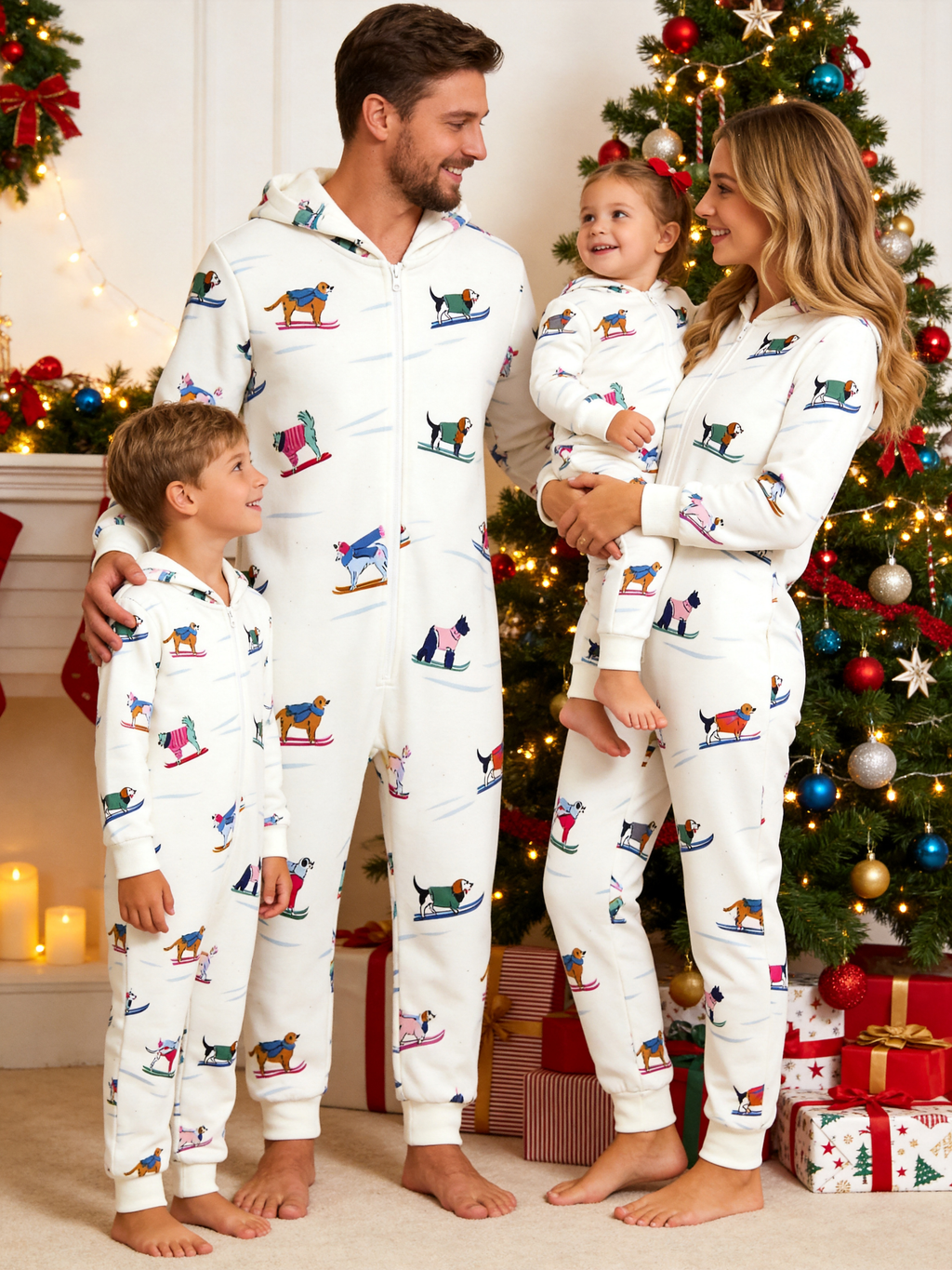 Skiing Beagle Dog White Christmas Family Hooded Onesie - Zip-Up Loungewear