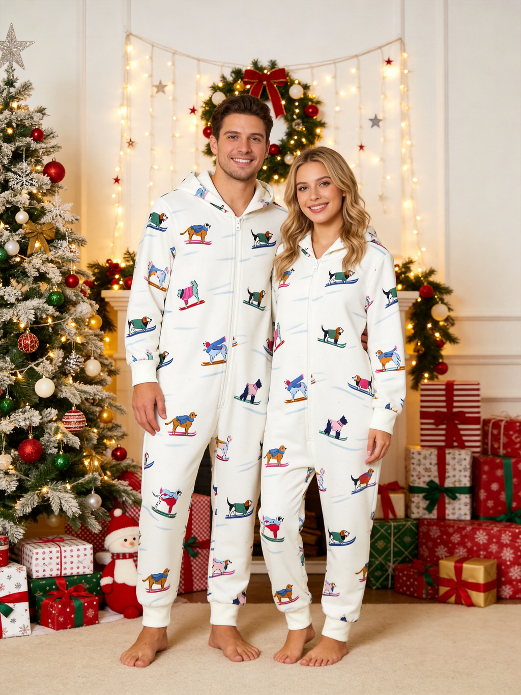 Skiing Beagle Dog White Christmas Women Hooded Onesie - Zip-Up Loungewear