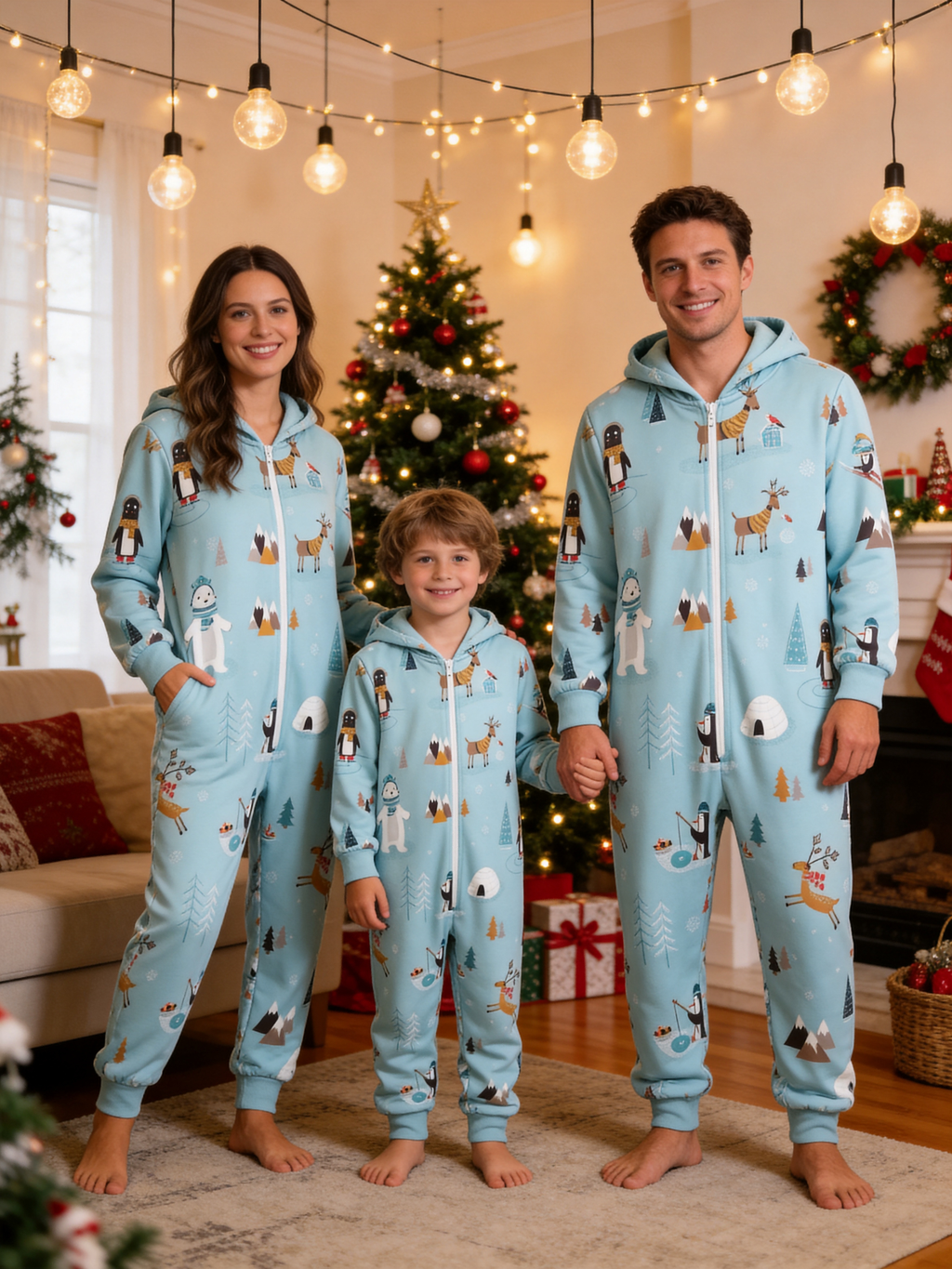 Arctic Wildlife & Igloo Blue Christmas Women Hooded Onesie - Zip-Up Loungewear