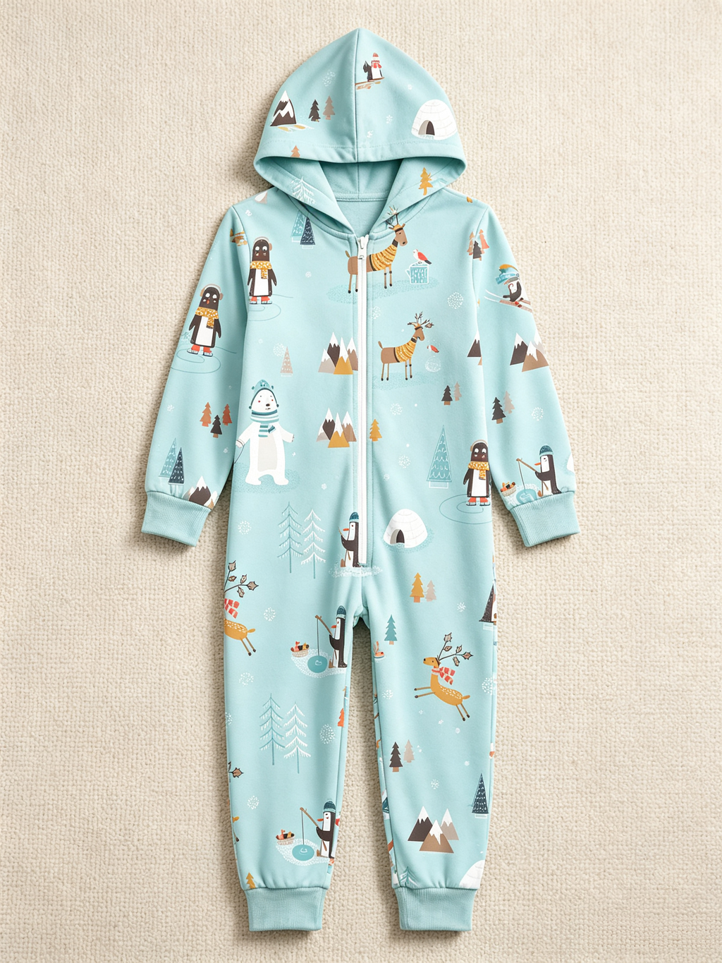 Arctic Wildlife & Igloo Blue Christmas Family Hooded Onesie - Zip-Up Loungewear