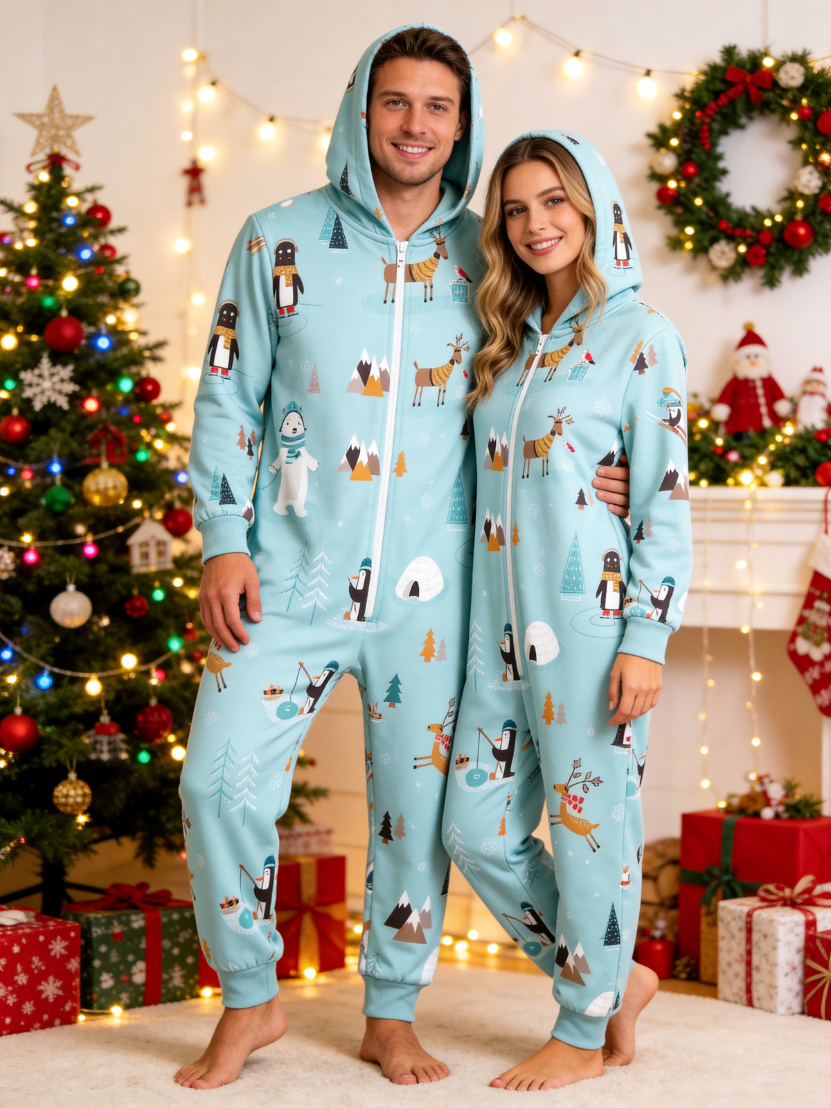 Arctic Wildlife & Igloo Blue Christmas Women Hooded Onesie - Zip-Up Loungewear