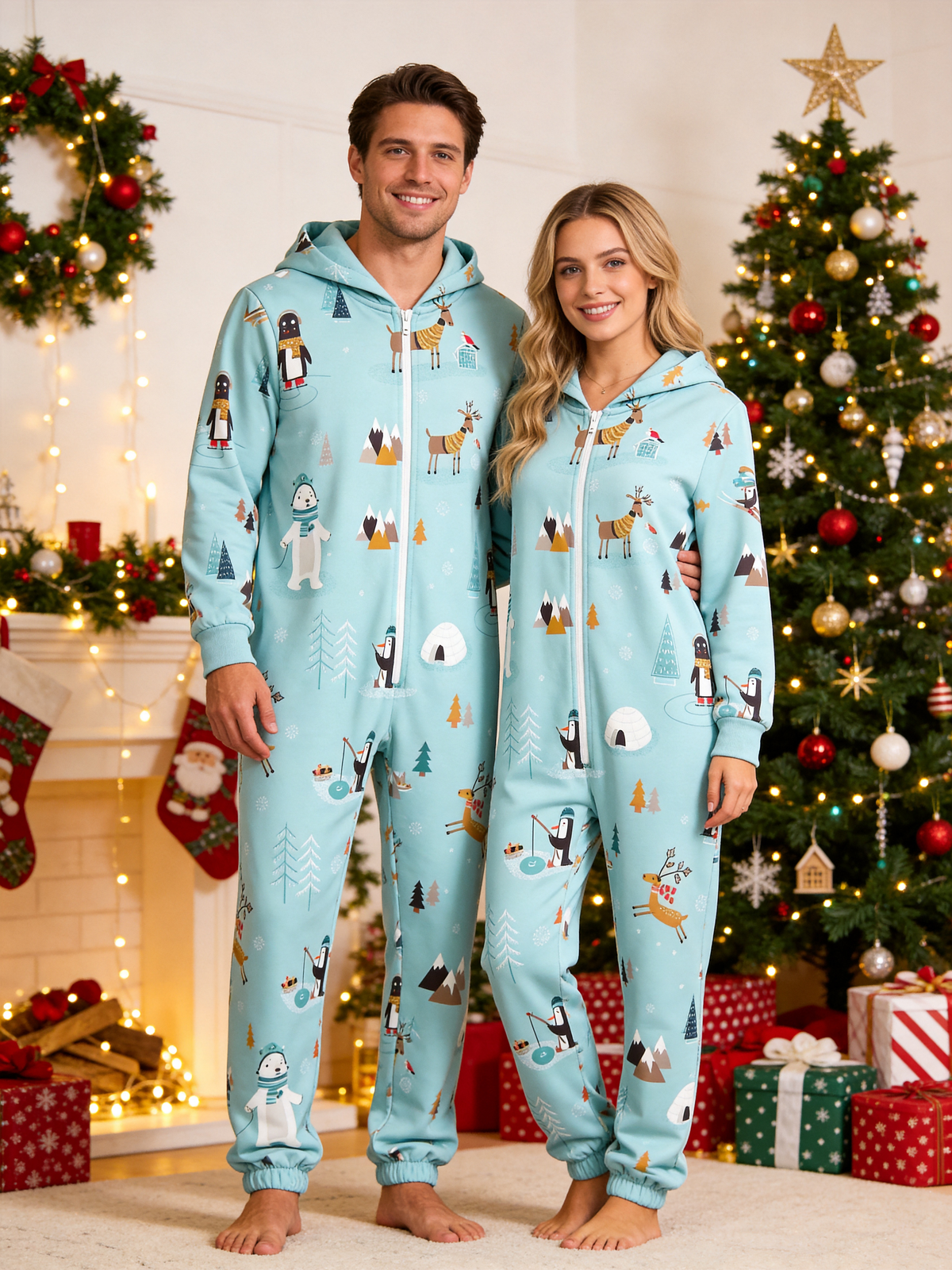Arctic Wildlife & Igloo Blue Christmas Family Hooded Onesie - Zip-Up Loungewear