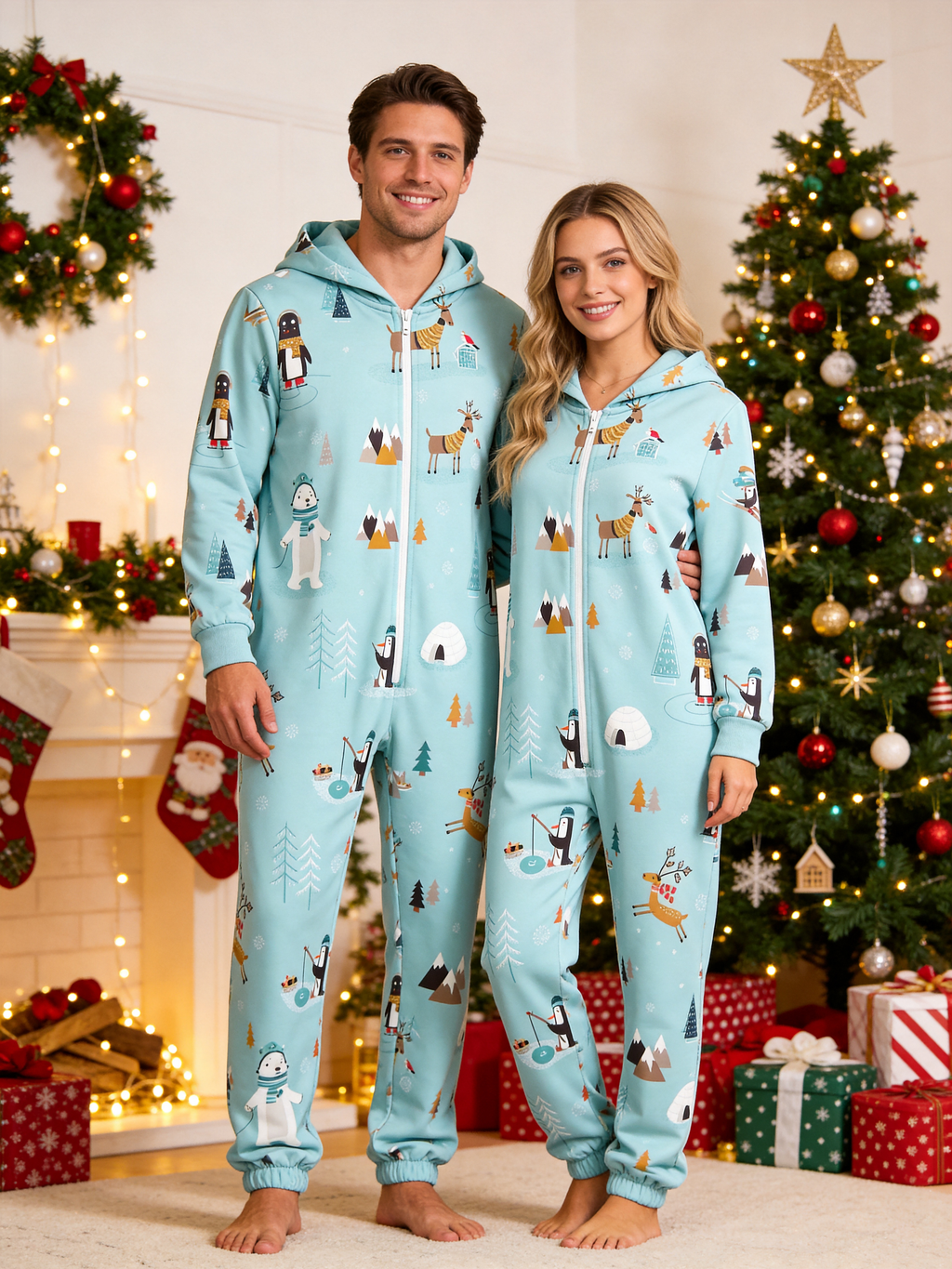 Arctic Wildlife & Igloo Blue Christmas Women Hooded Onesie - Zip-Up Loungewear