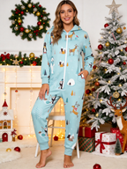 Arctic Wildlife & Igloo Blue Christmas Women Hooded Onesie - Zip-Up Loungewear