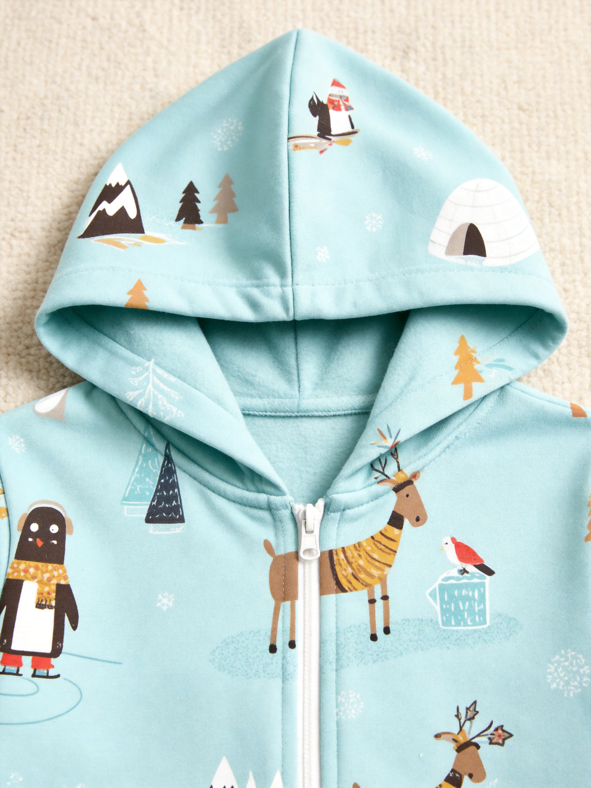 Arctic Wildlife & Igloo Blue Christmas Women Hooded Onesie - Zip-Up Loungewear