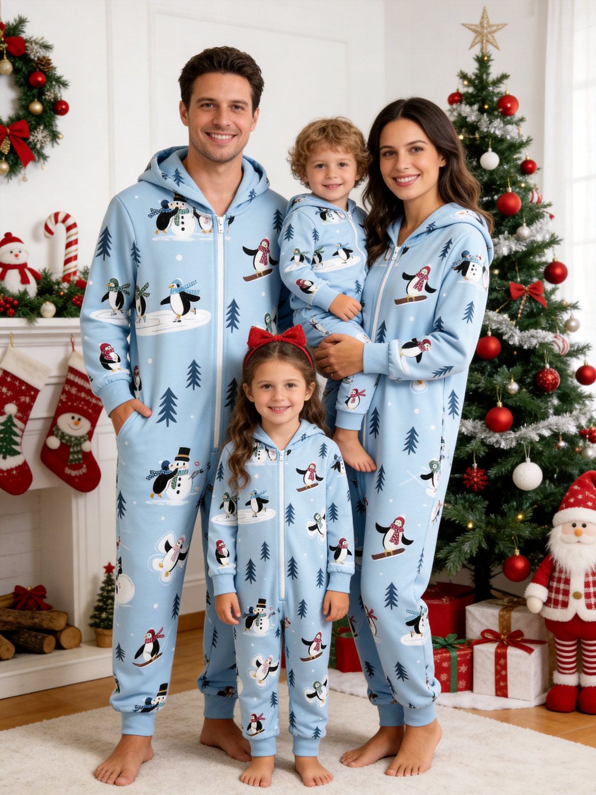 Snowman & Skating Penguin Blue Christmas Family Hooded Onesie - Zip-Up Loungewear
