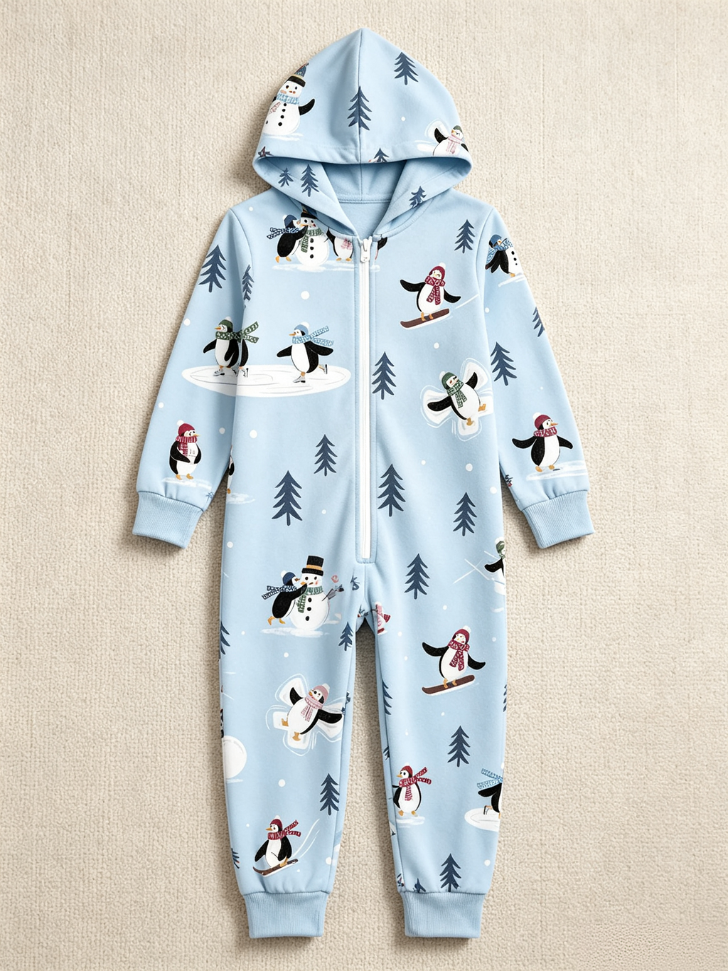 Snowman & Skating Penguin Blue Christmas Family Hooded Onesie - Zip-Up Loungewear