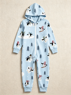 Snowman & Skating Penguin Blue Christmas Women Hooded Onesie - Zip-Up Loungewear