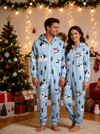 Snowman & Skating Penguin Blue Christmas Women Hooded Onesie - Zip-Up Loungewear