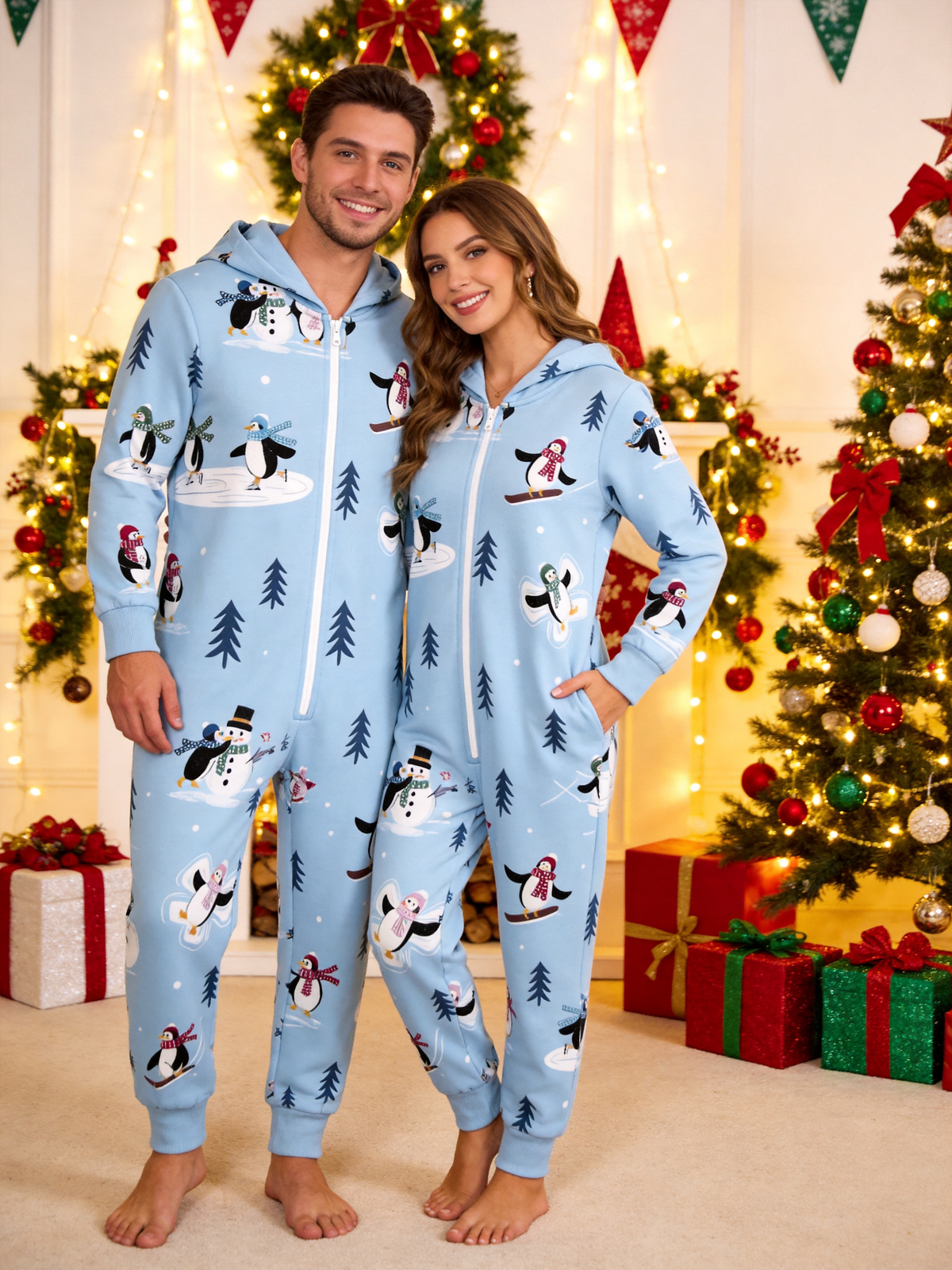 Snowman & Skating Penguin Blue Christmas Women Hooded Onesie - Zip-Up Loungewear