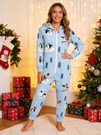 Snowman & Skating Penguin Blue Christmas Family Hooded Onesie - Zip-Up Loungewear