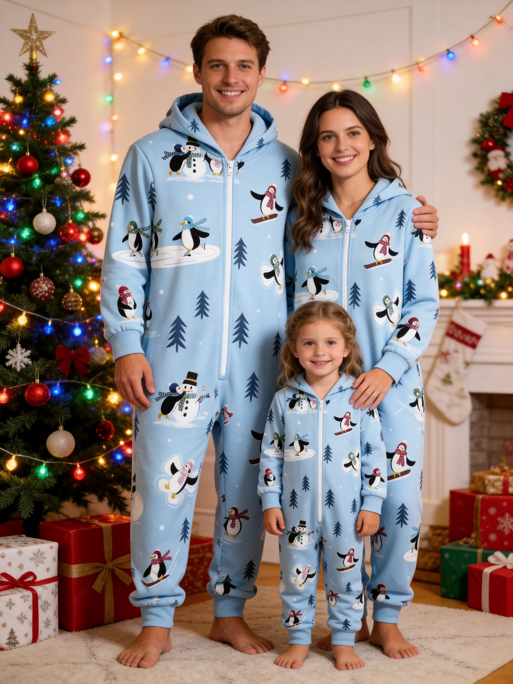 Snowman & Skating Penguin Blue Christmas Women Hooded Onesie - Zip-Up Loungewear