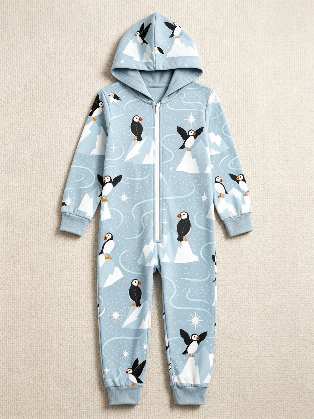 Puffin Bird & Snowy Mountain Blue Christmas Women Hooded Onesie - Zip-Up Loungewear