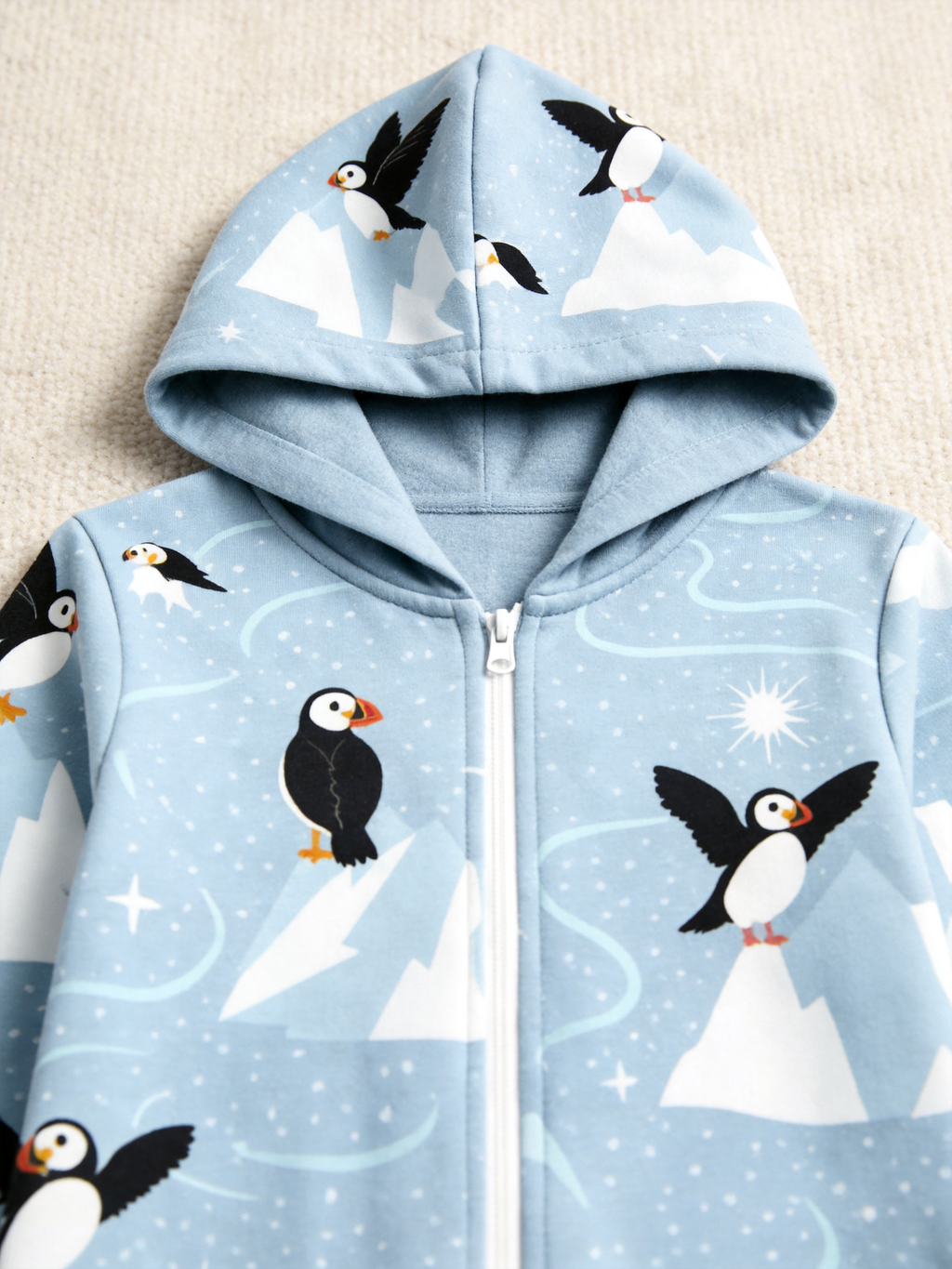 Puffin Bird & Snowy Mountain Blue Christmas Women Hooded Onesie - Zip-Up Loungewear