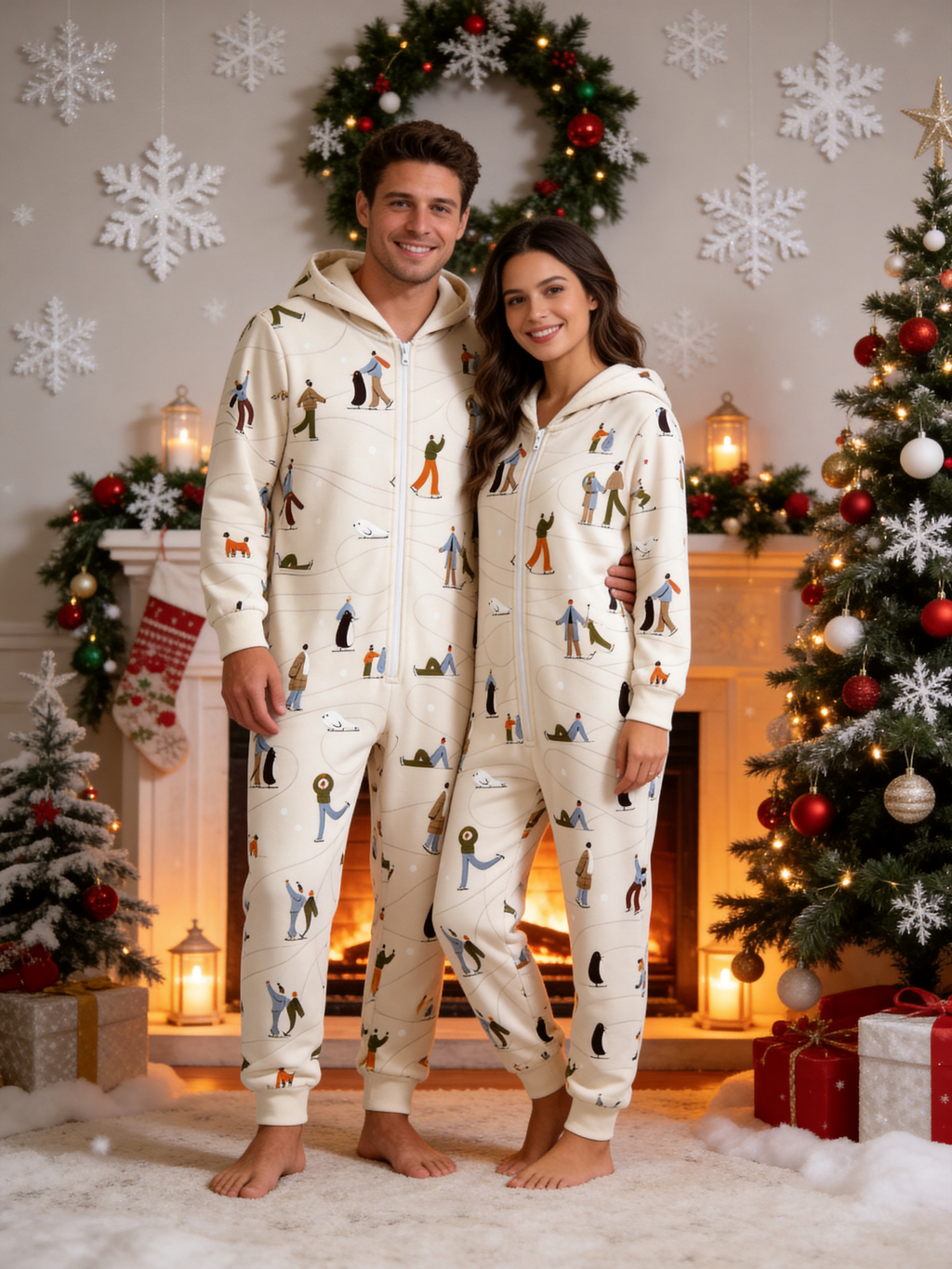 Ice-Skating People & Penguin Cream Christmas Women Hooded Onesie - Zip-Up Loungewear