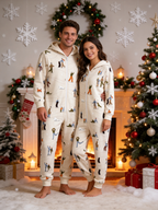 Ice-Skating People & Penguin Cream Christmas Women Hooded Onesie - Zip-Up Loungewear