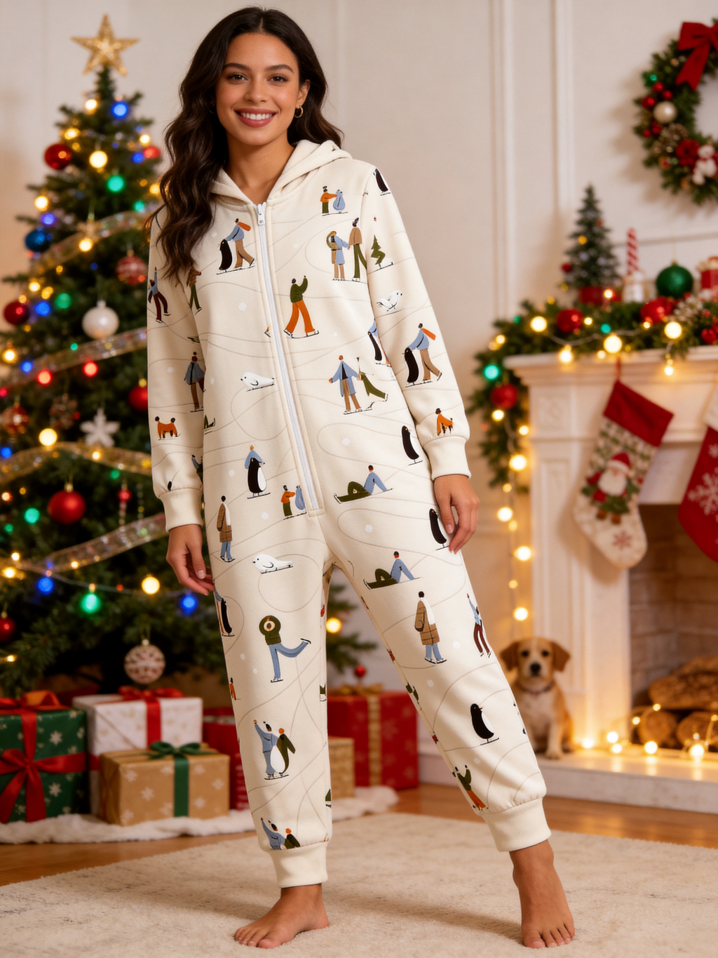 Ice-Skating People & Penguin Cream Christmas Family Hooded Onesie - Zip-Up Loungewear
