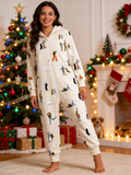 Ice-Skating People & Penguin Cream Christmas Women Hooded Onesie - Zip-Up Loungewear
