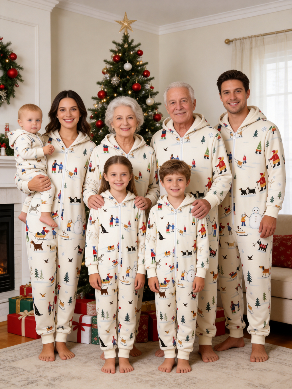 Winter People, Dog & Snowman Cream Christmas Family Hooded Onesie - Zip-Up Loungewear