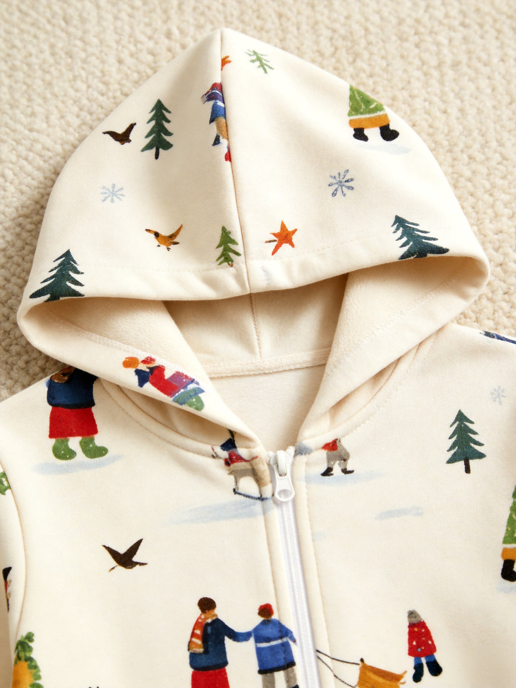 Winter People, Dog & Snowman Cream Christmas Women Hooded Onesie - Zip-Up Loungewear