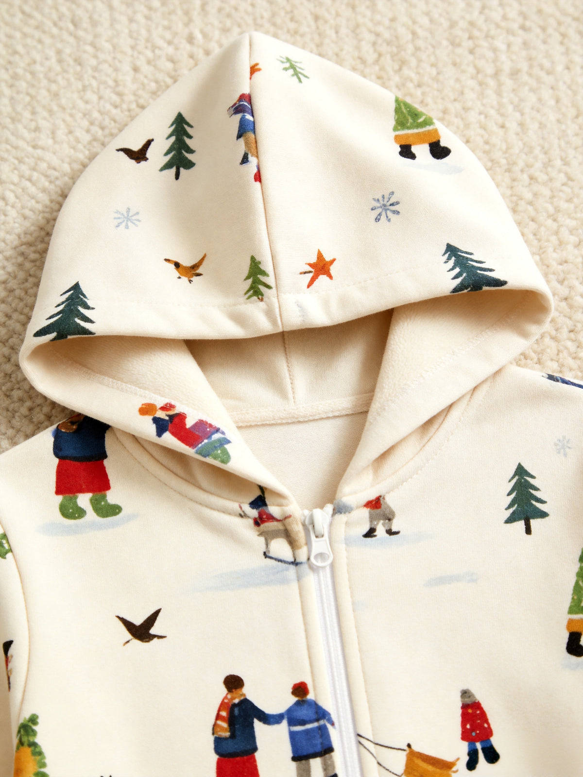 Winter People, Dog & Snowman Cream Christmas Women Hooded Onesie - Zip-Up Loungewear