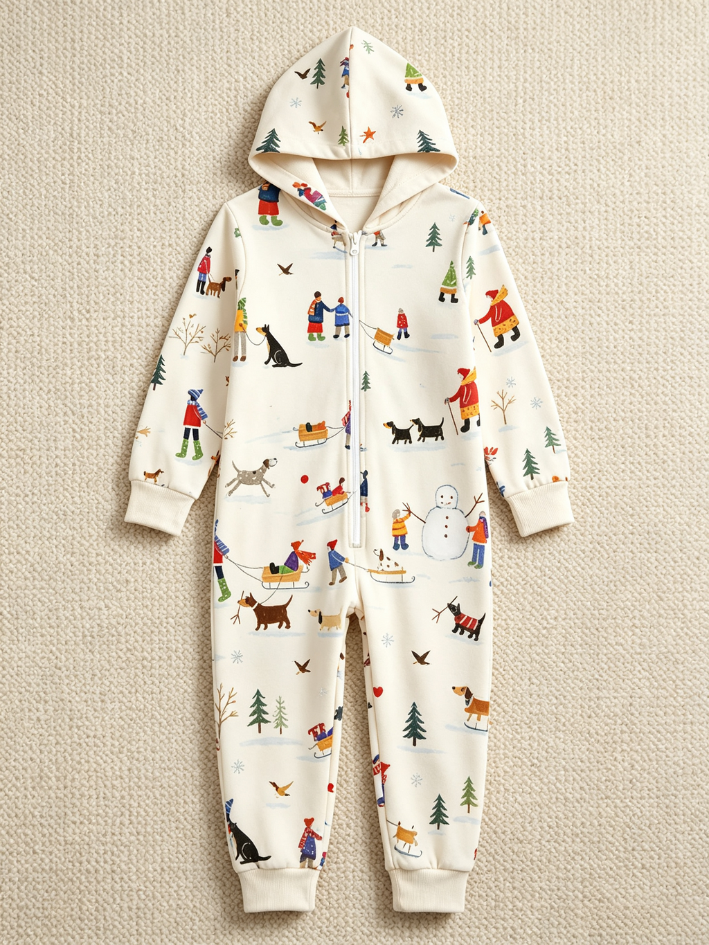 Winter People, Dog & Snowman Cream Christmas Family Hooded Onesie - Zip-Up Loungewear
