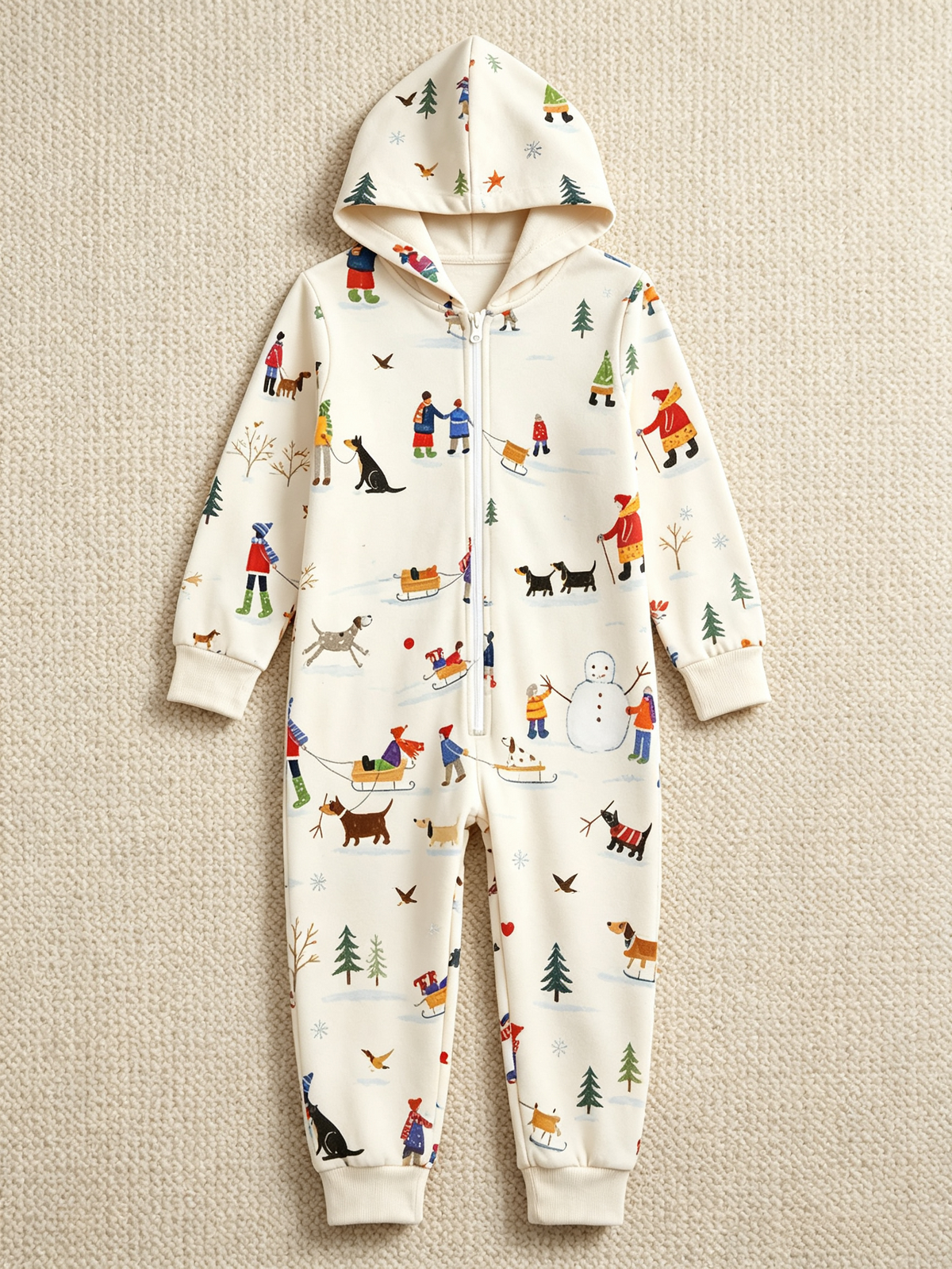 Winter People, Dog & Snowman Cream Christmas Women Hooded Onesie - Zip-Up Loungewear