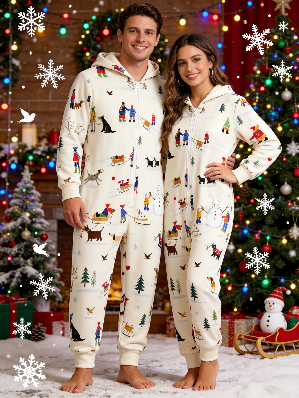 Winter People, Dog & Snowman Cream Christmas Women Hooded Onesie - Zip-Up Loungewear