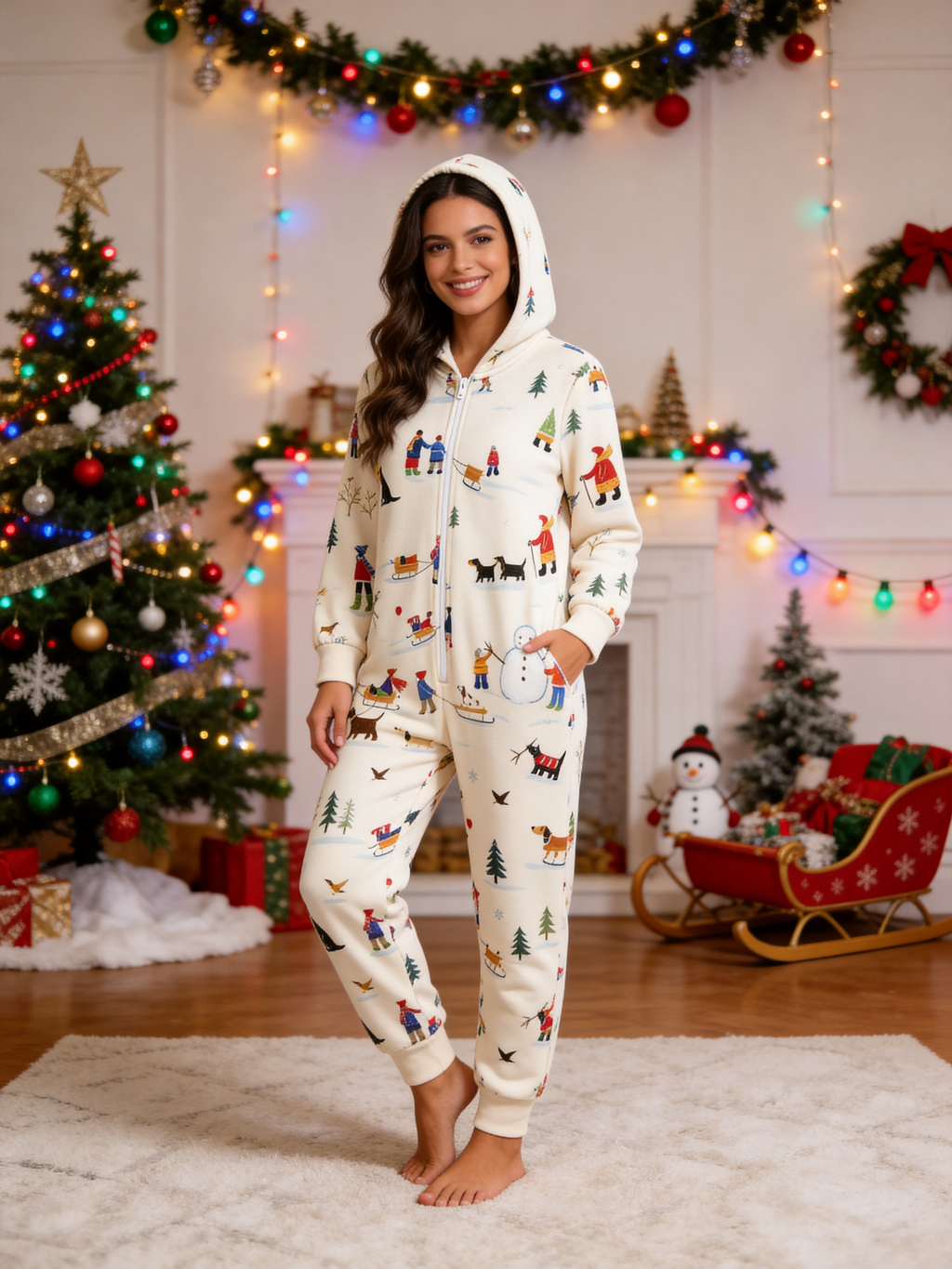 Winter People, Dog & Snowman Cream Christmas Women Hooded Onesie - Zip-Up Loungewear