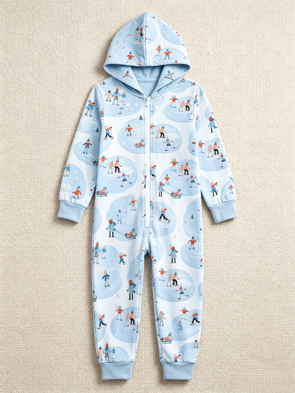 Ice-Skating People & Sled Blue Christmas Women Hooded Onesie - Zip-Up Loungewear