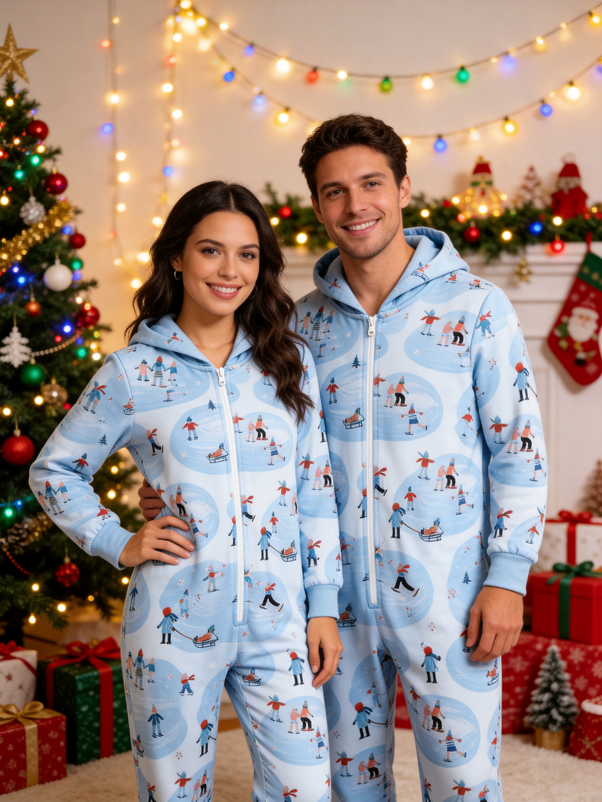 Ice-Skating People & Sled Blue Christmas Women Hooded Onesie - Zip-Up Loungewear