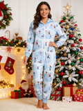Ice-Skating People & Sled Blue Christmas Women Hooded Onesie - Zip-Up Loungewear