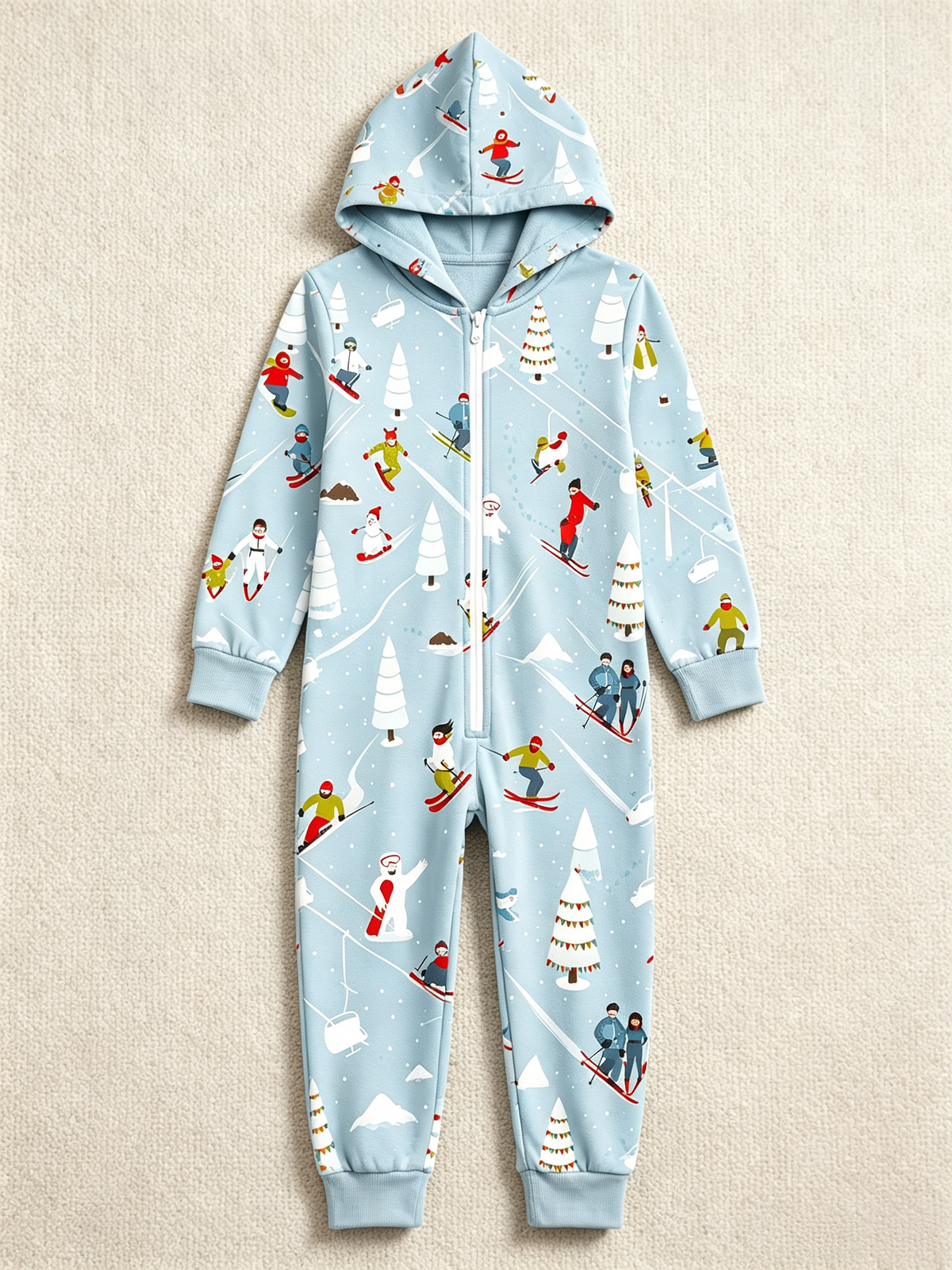Alpine Skier & Snowy Pine Tree Blue Christmas Family Hooded Onesie - Zip-Up Loungewear