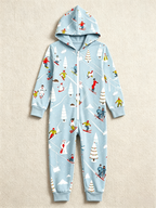 Alpine Skier & Snowy Pine Tree Blue Christmas Women Hooded Onesie - Zip-Up Loungewear