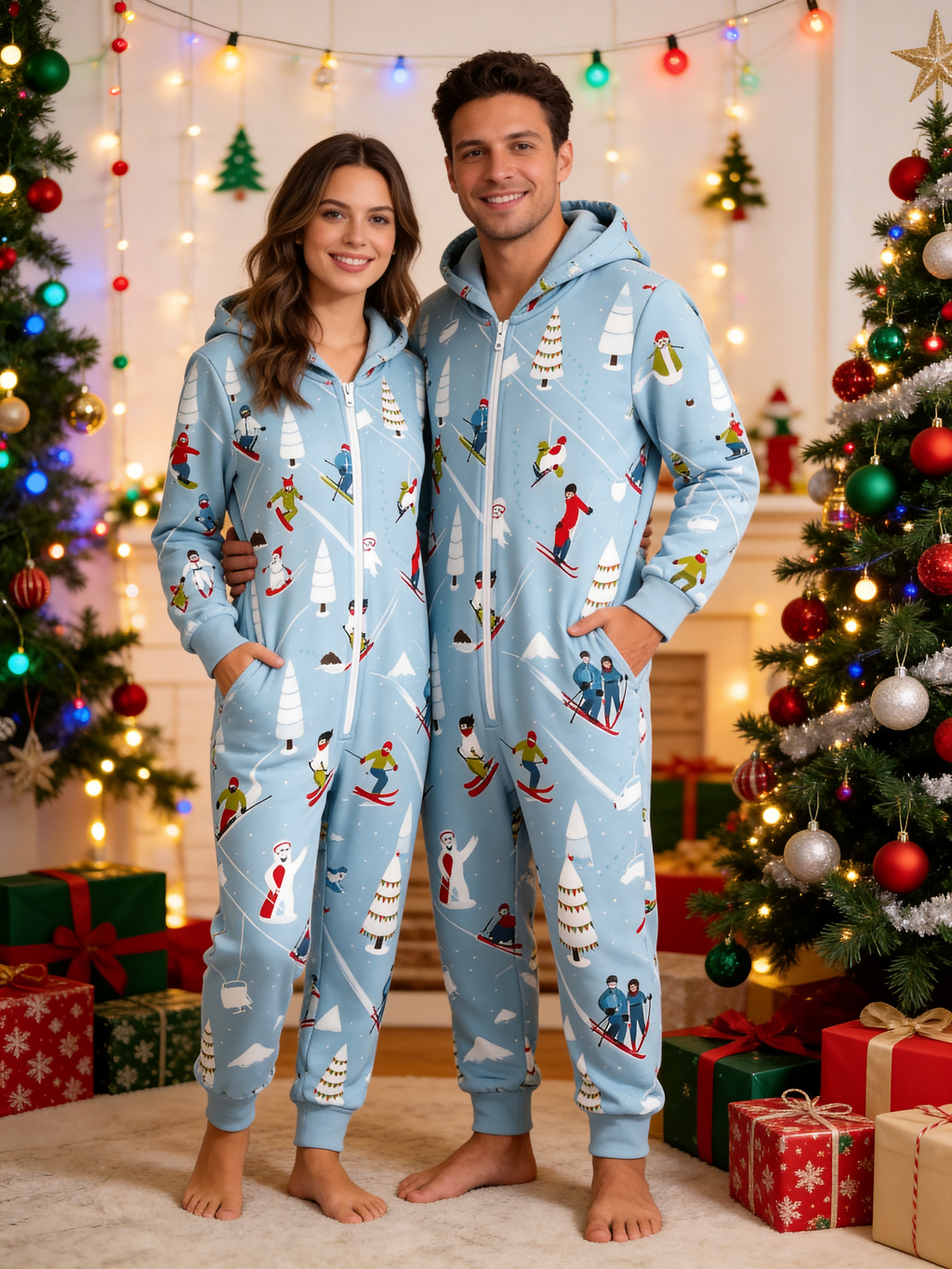 Alpine Skier & Snowy Pine Tree Blue Christmas Women Hooded Onesie - Zip-Up Loungewear