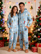 Alpine Skier & Snowy Pine Tree Blue Christmas Women Hooded Onesie - Zip-Up Loungewear